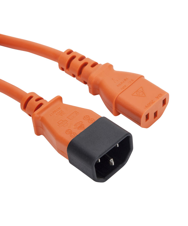1m Orange IEC Power Extension Cable IEC Kettle Male to Female UPS Lead C13 - C14 Mains 240V